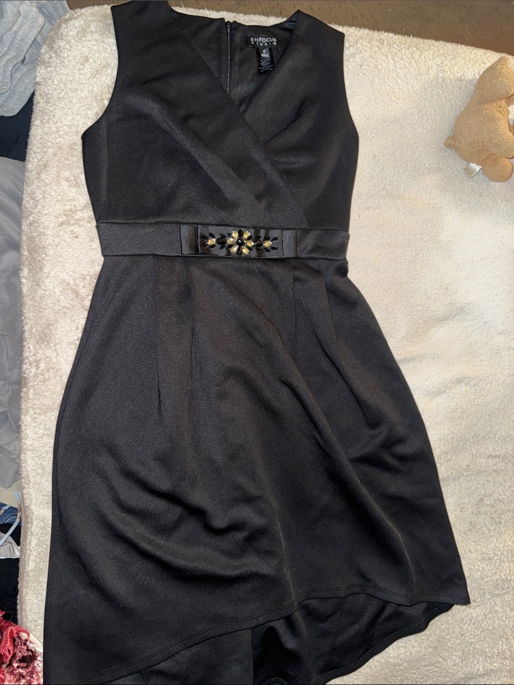 Enfocus Studio Black Sleeveless Cocktail Dress with Embellished Waist